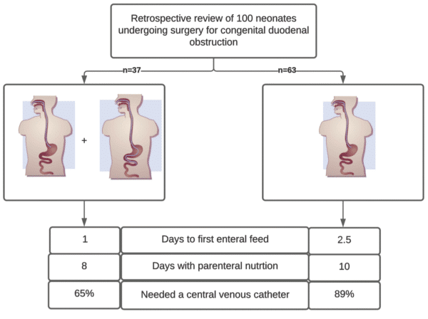 Figur 2: Grafisk framstilling av artikkel 2: «Is postoperative transanastomotic feeding beneficial in neonates with congenital duodenal obstruction?» - Kirurgen Figur 2: Grafisk framstilling av artikkel 2: «Is postoperative transanastomotic feeding beneficial in neonates with congenital duodenal obstruction?»