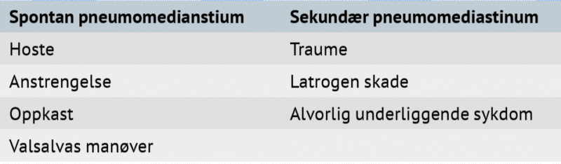Figur 1. Årsaker til spontan og sekundær pneumomediastinum.